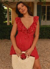 Adrina Ruffle Mini Dress - Red Polka Dot