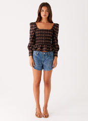Joyce Long Sleeve Shirred Top - Chocolate Check