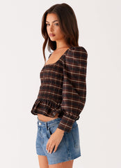 Joyce Long Sleeve Shirred Top - Chocolate Check