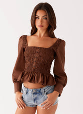 Joyce Long Sleeve Shirred Top - Chocolate