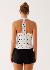 Let's Pretend Halterneck Top - White Polka Dot