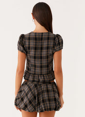 Lucia Puff Sleeve Top - Brown Check
