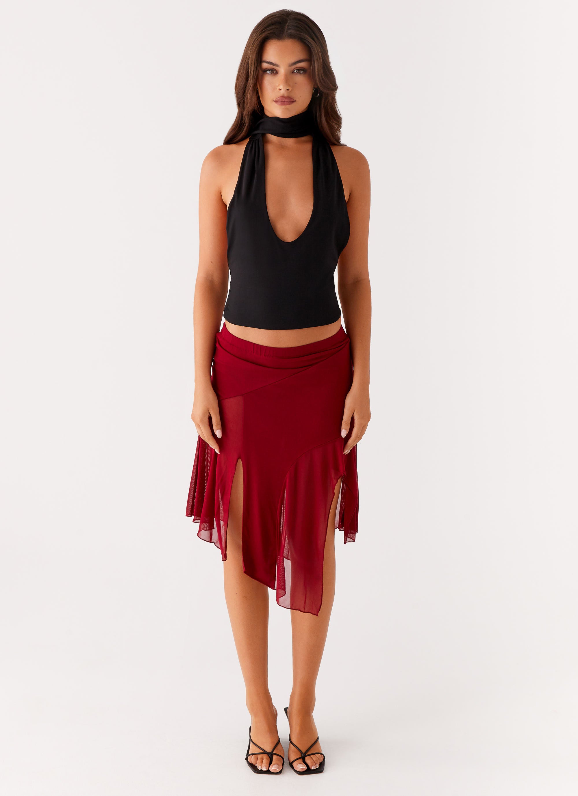 Anthea Mesh Midi Skirt - Red