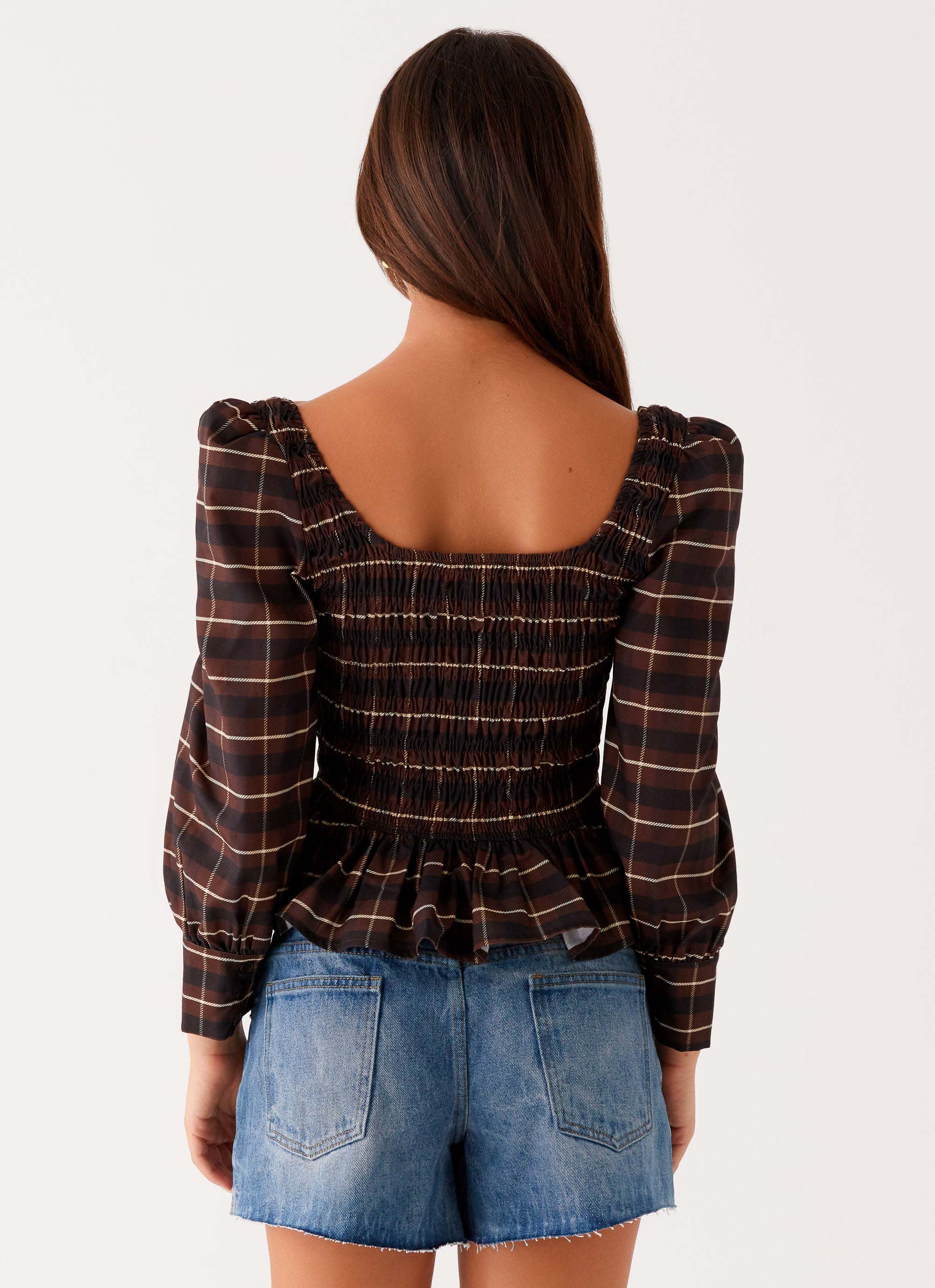 Joyce Long Sleeve Shirred Top - Chocolate Check