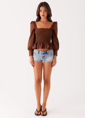 Joyce Long Sleeve Shirred Top - Chocolate