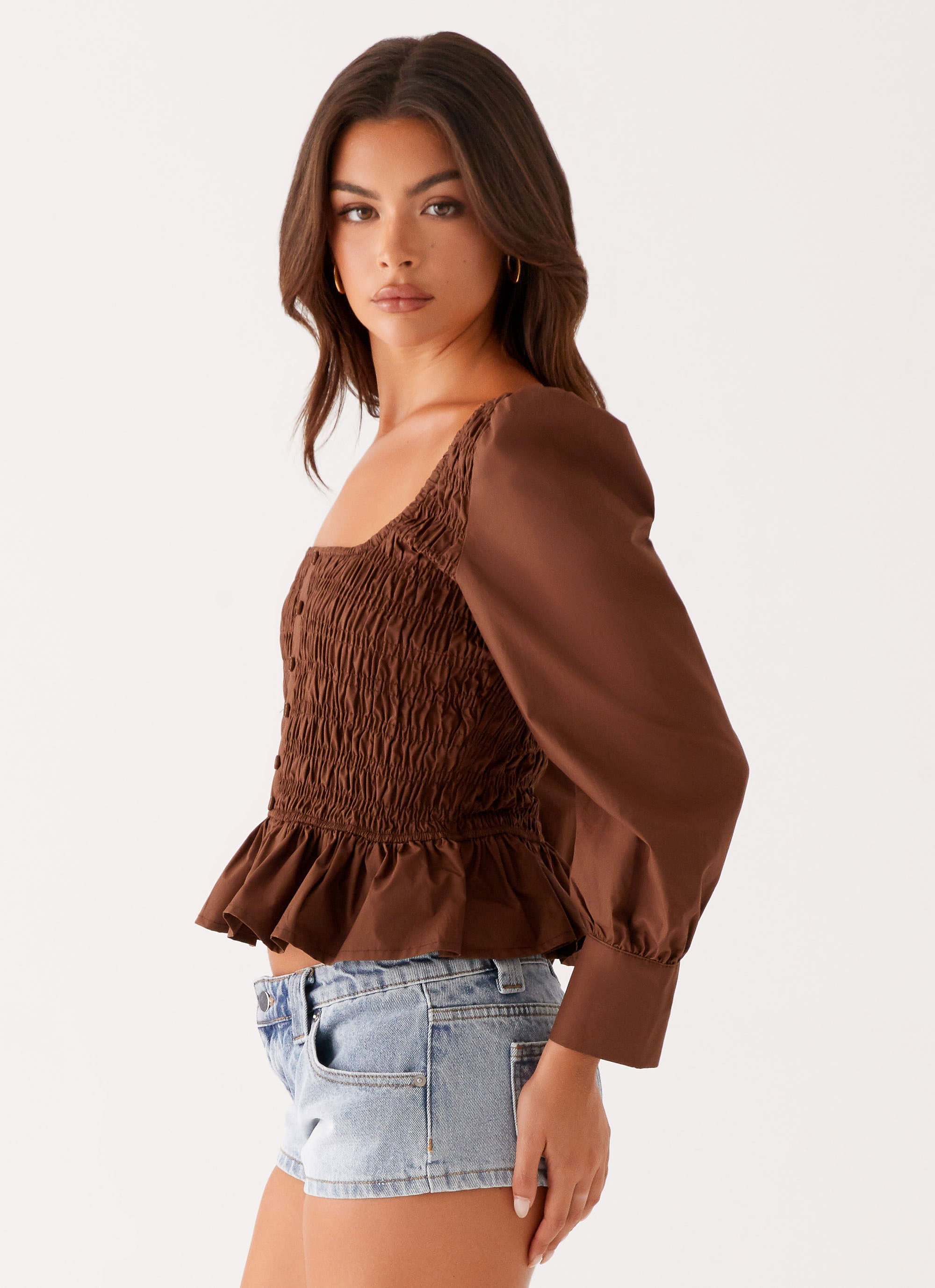 Joyce Long Sleeve Shirred Top - Chocolate