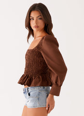 Joyce Long Sleeve Shirred Top - Chocolate