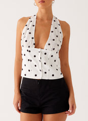 Let's Pretend Halterneck Top - White Polka Dot