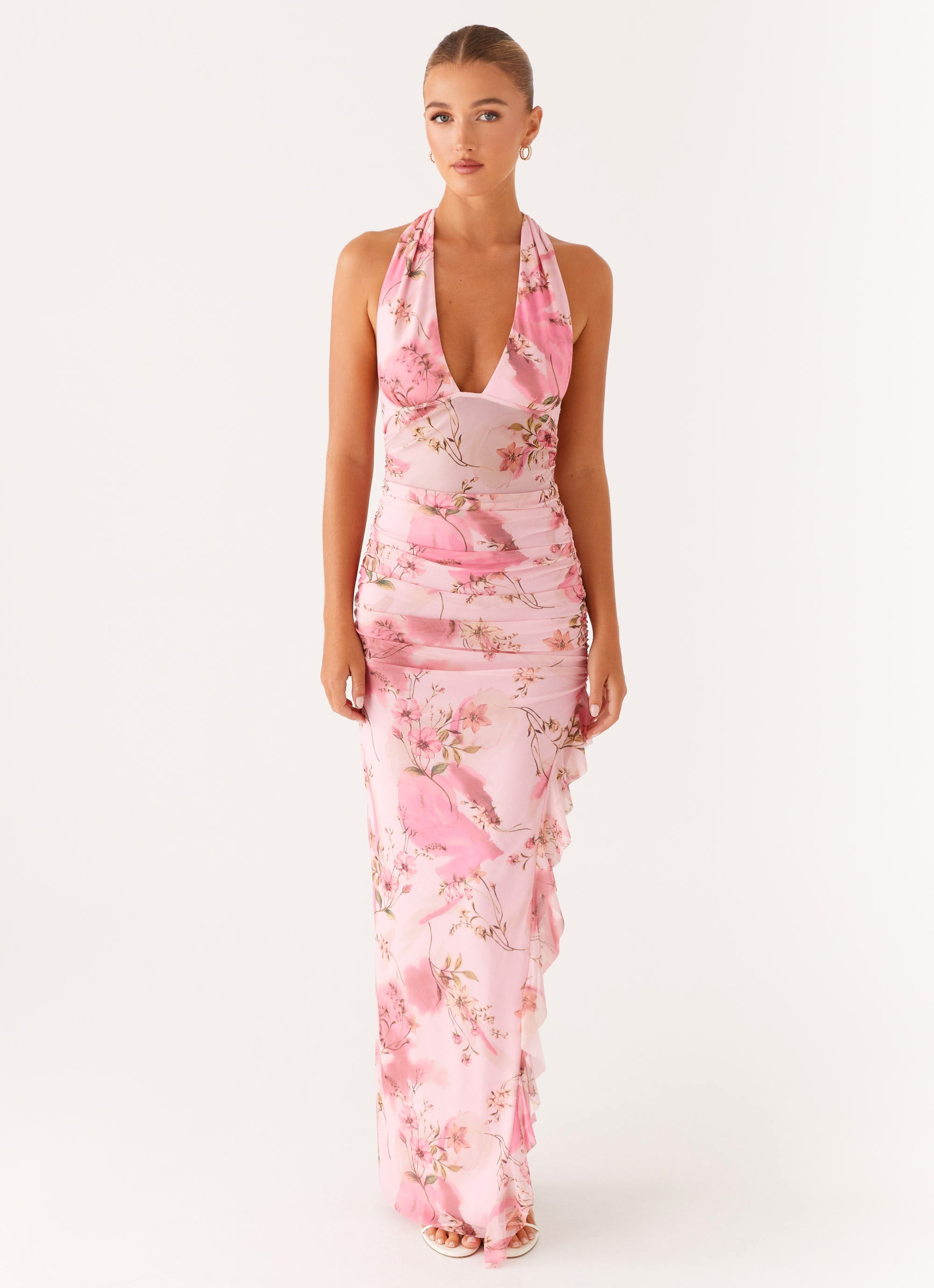 Micca Halter Maxi Dress - Pink Floral Print