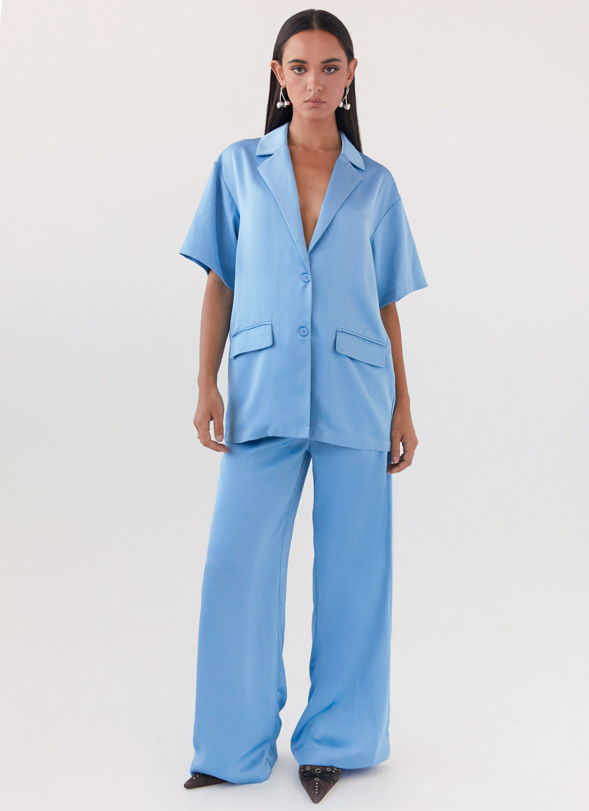 Brinkley Oversized Satin Shirt - Sky Blue
