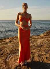 Hidden Oasis Satin Maxi Skirt - Tangerine