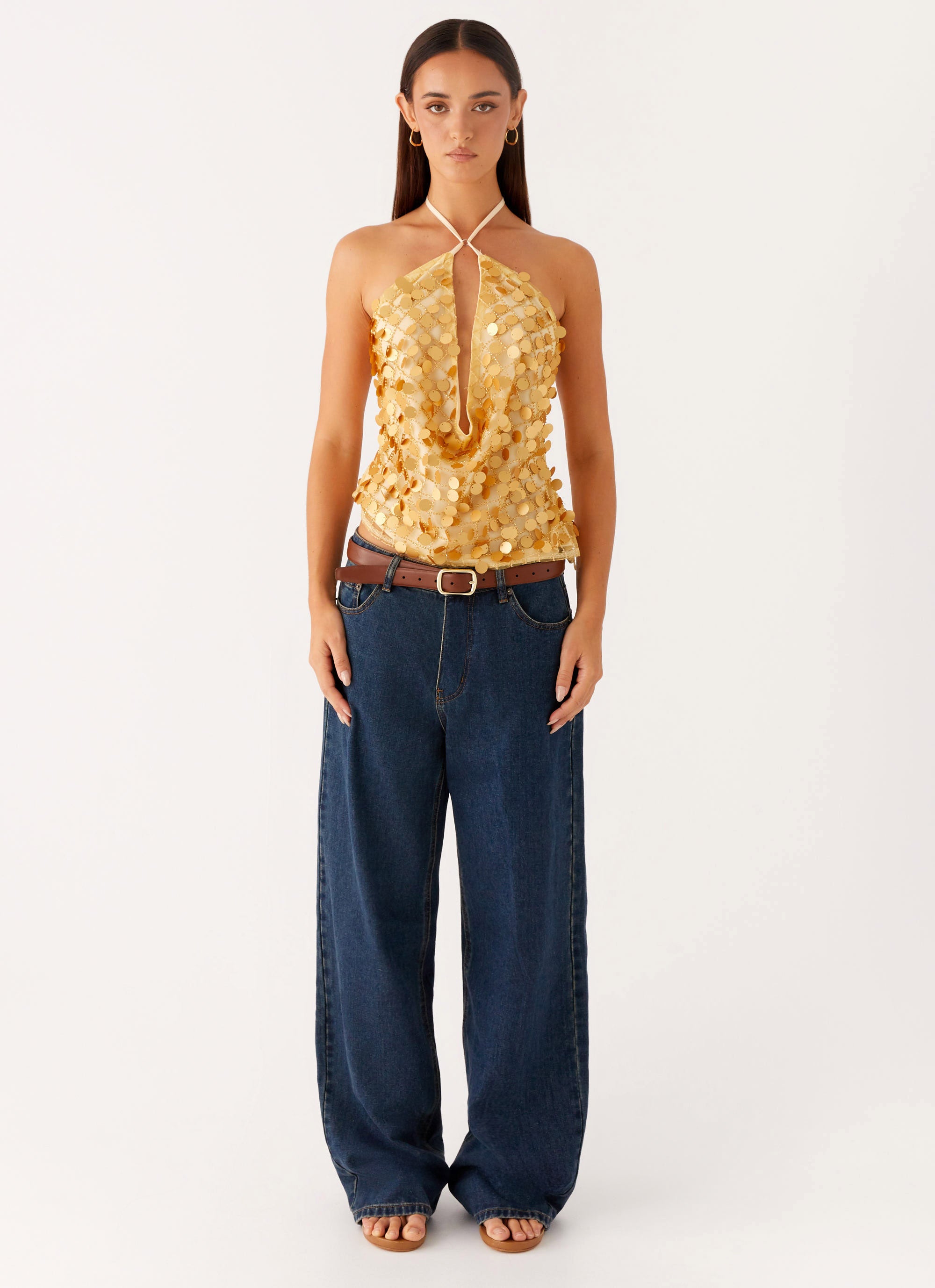 Xander Sequin Halter Top - Gold